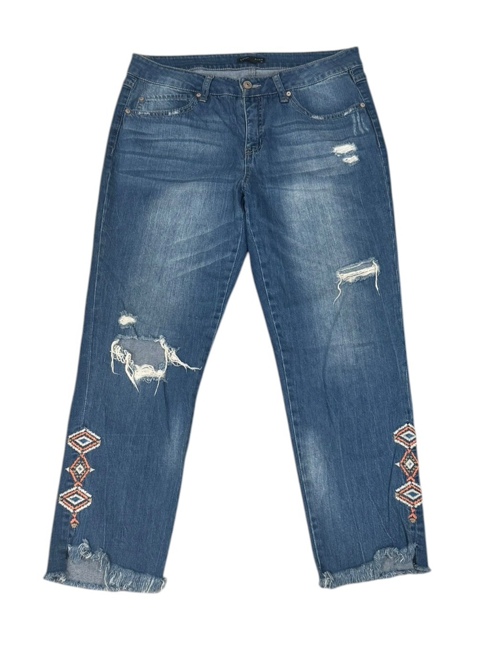 Signature Studio Distressed Boyfriend Jeans with Boho Embroidered Hem